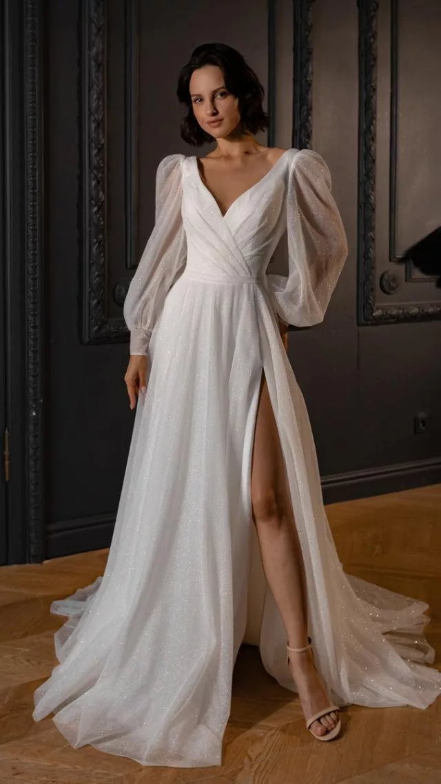 Sparkly Wedding Dress Inger With Leg Slit Light Ivory