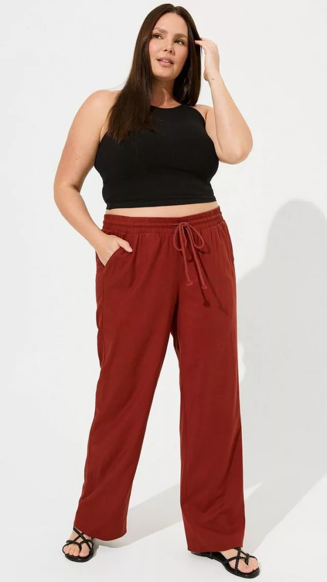 Pull-On Wide Leg Stretch Linen High-Rise Pant Fire Brick