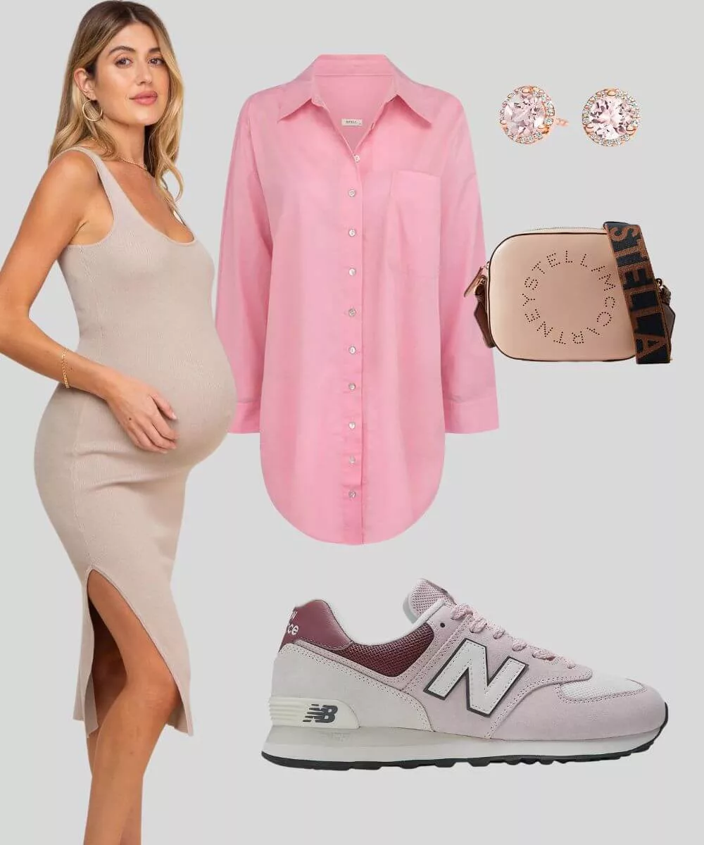Cover Image for Barbie inspired maternity outfit | Beige knit fitter midi dress | Pink shirt | Pink earrings