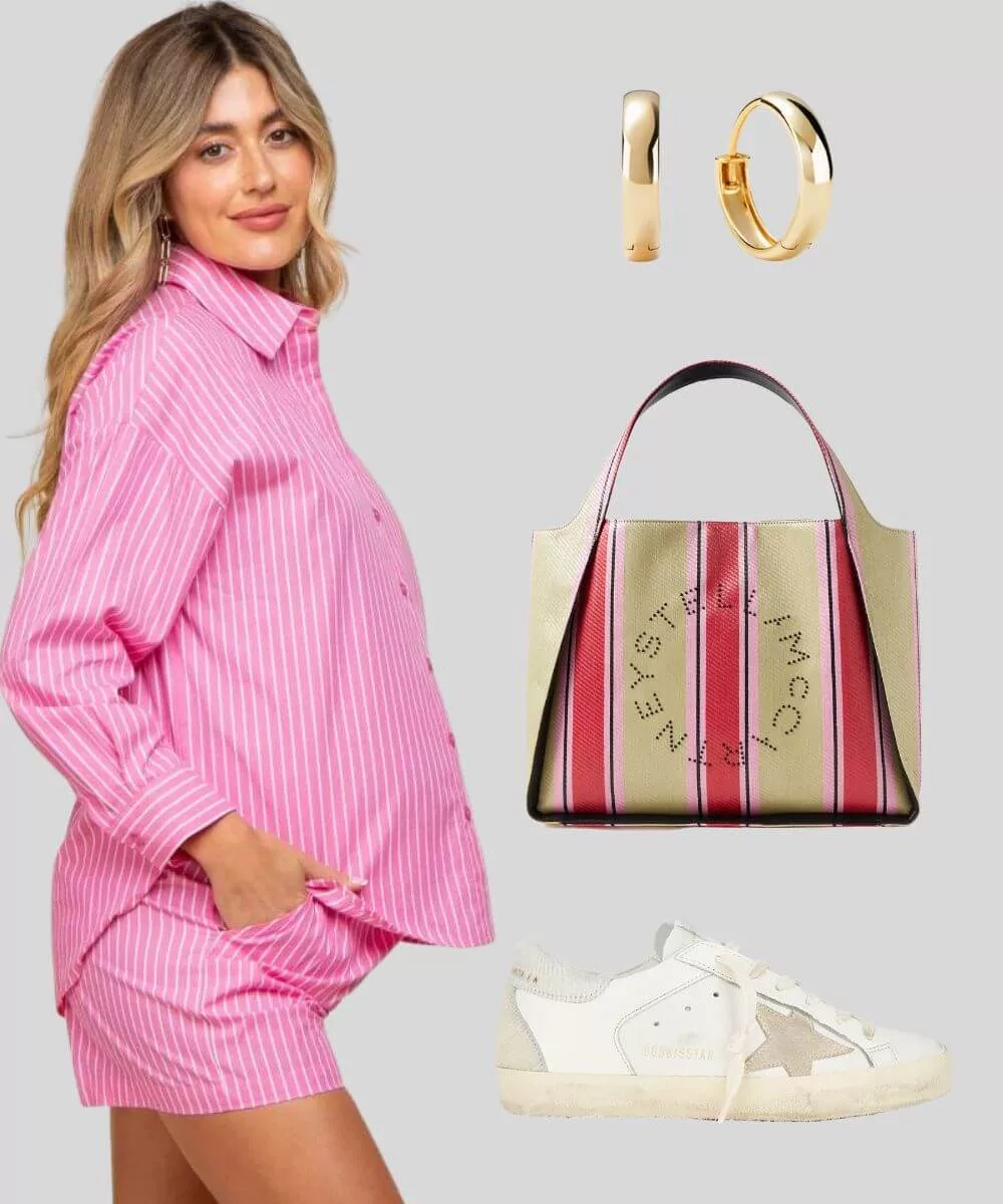 Cover Image for Barbie inspired maternity outfit | Pink t-shirt short set | White cream sneakers | Stripe tote bag