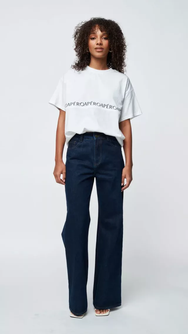 Splice Panel Embroidered Longline Tee - White / Navy