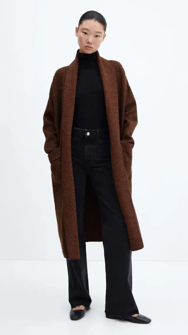 Oversized Knitted Coat With Pockets Brown