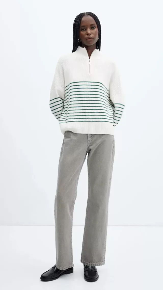 Striped Sweater With Zipper Green