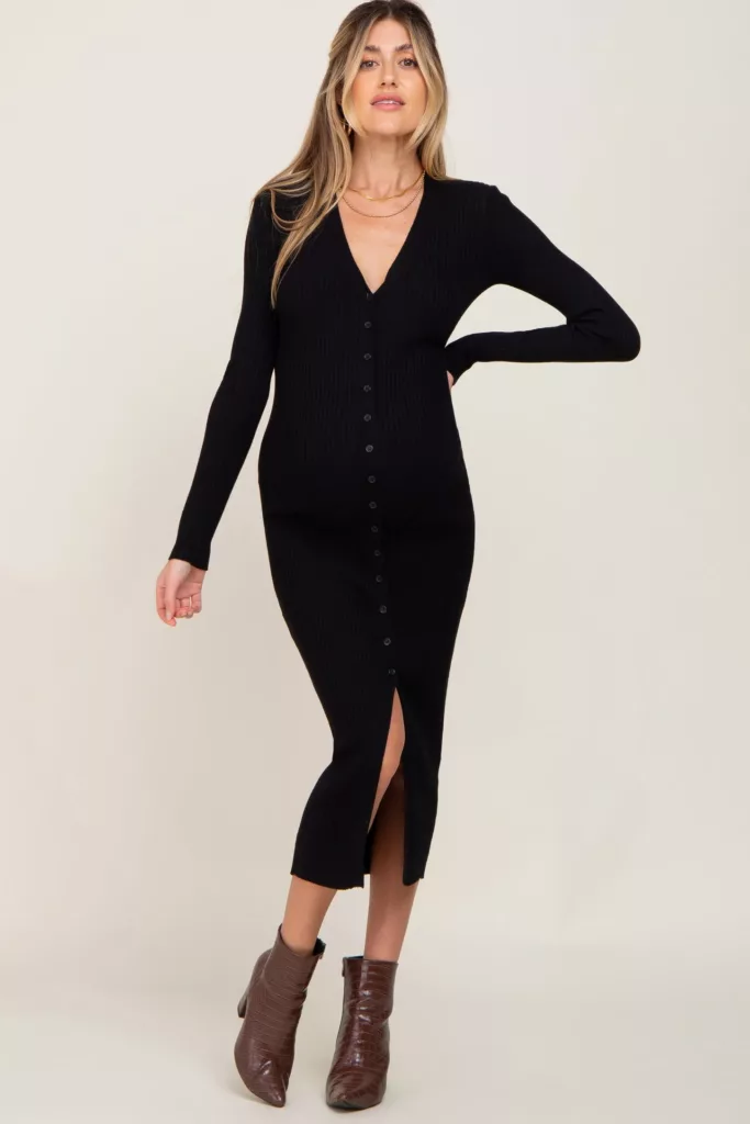 Black Ribbed Button Front Long Sleeve Maternity Dress