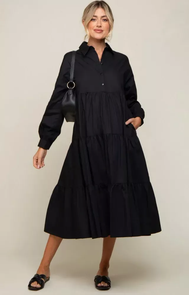 Black Tiered Button Down Maternity Midi Dress