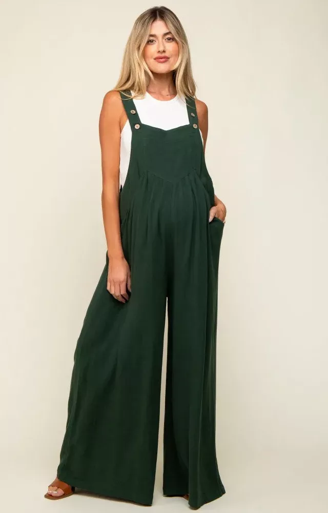 Forest Green Pleated Front Wide Leg Maternity Overalls