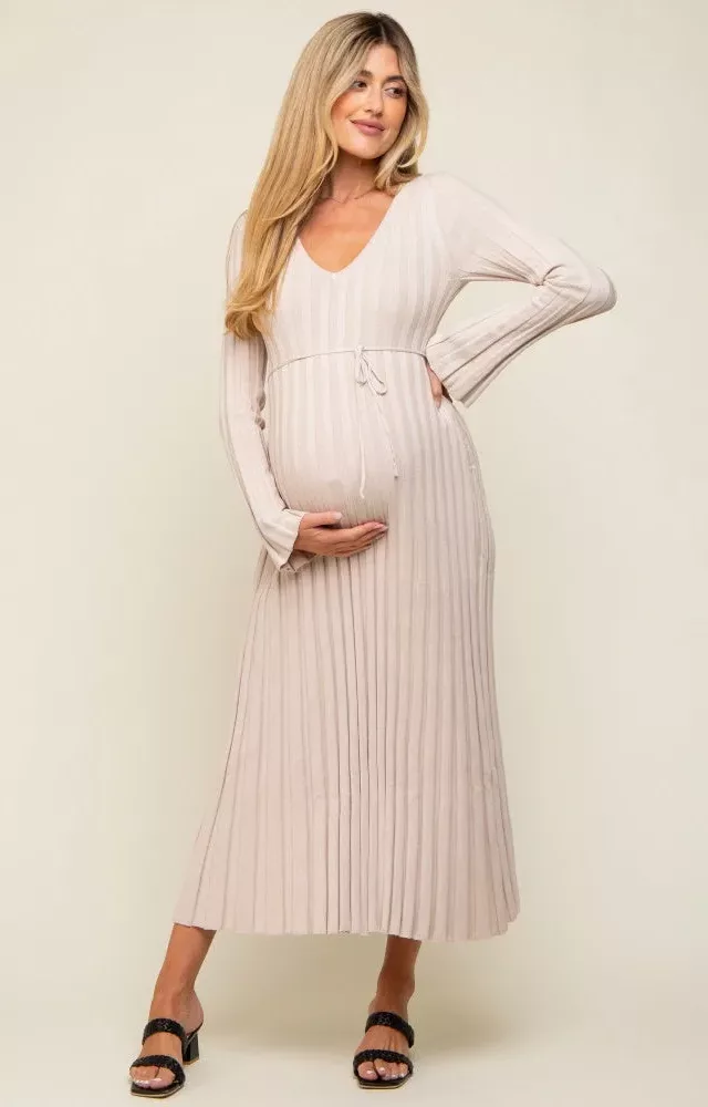 Taupe Ribbed Maternity Knit Maxi Dress