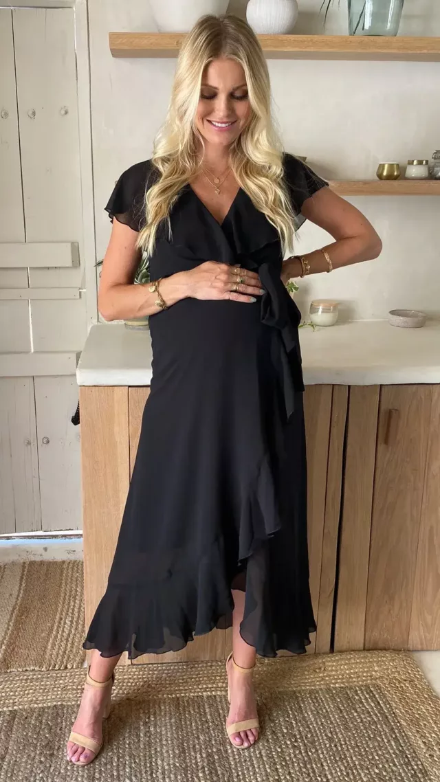 Jess Ruffle Midi Dress Black Chiffon