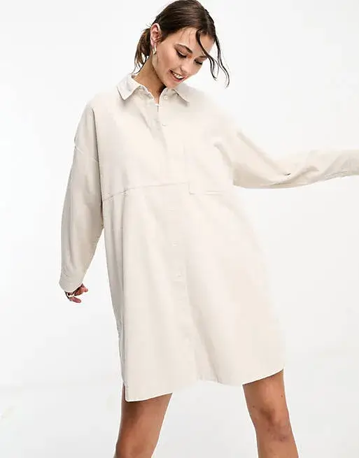 Asos Design Cord Oversized Shirt Dress In Sand