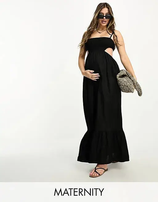 The Frolic Maternity Emerald Cut Out Maxi Summer Dress In Black