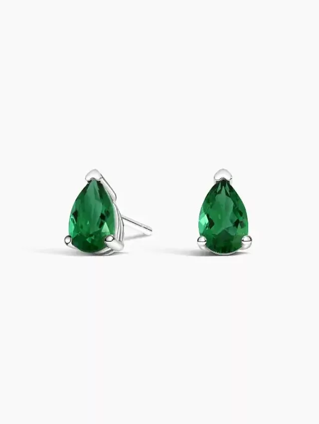 18K White Gold Pear Lab Emerald Stud Earrings