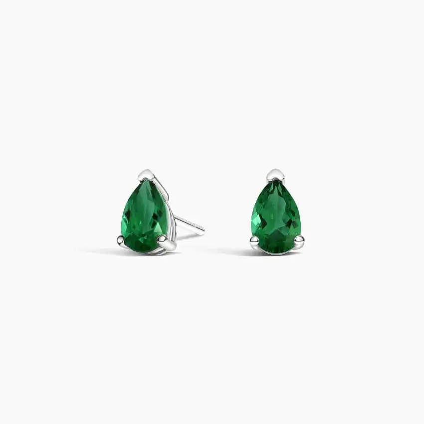 18K White Gold Pear Lab Emerald Stud Earrings