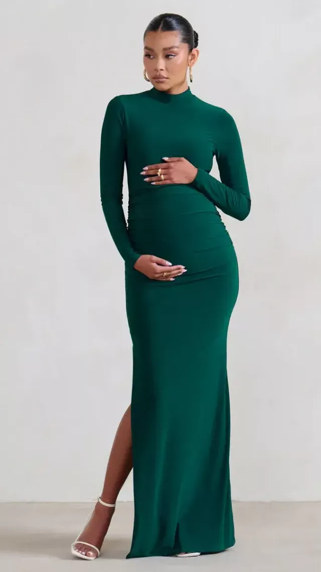 Alejandra Green Maternity Long Sleeve High Neck Maxi Dress