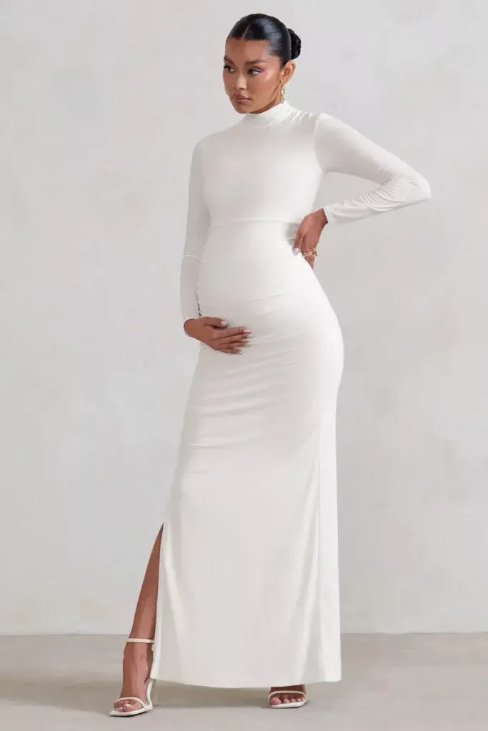 Alejandra White Maternity Long Sleeve High Neck Maxi Dress