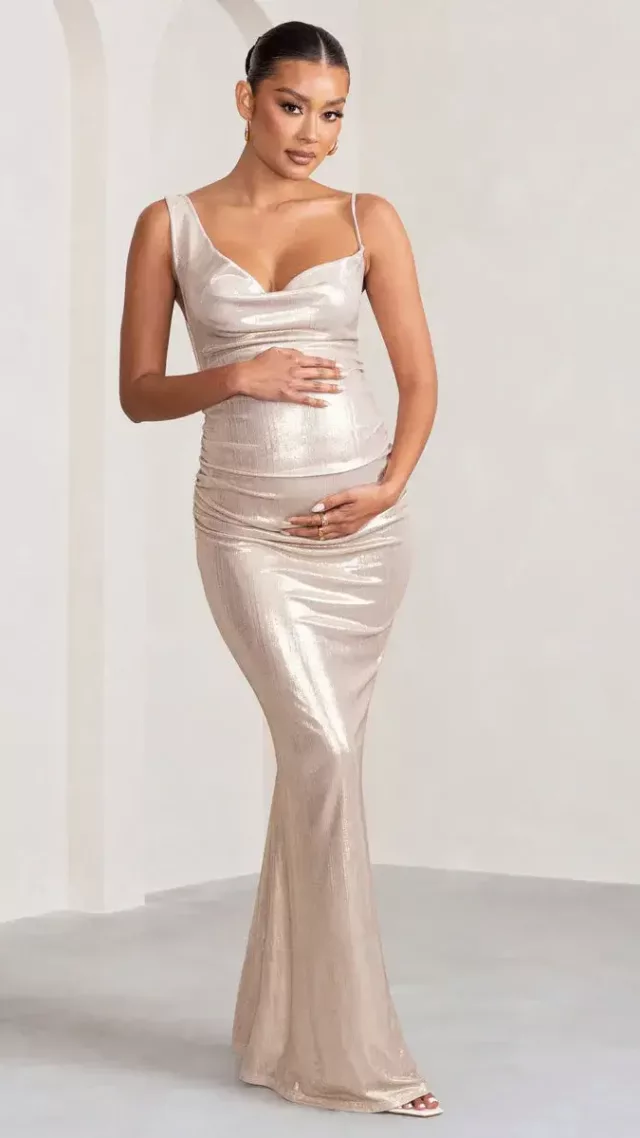 Galaxy Shimmer Gold Maternity Cowl Neck Maxi Dress
