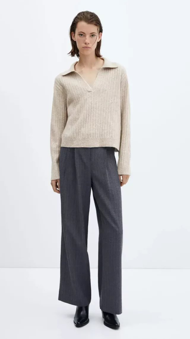 V-Neck Ribbed Knit Sweater Light/Pastel Grey