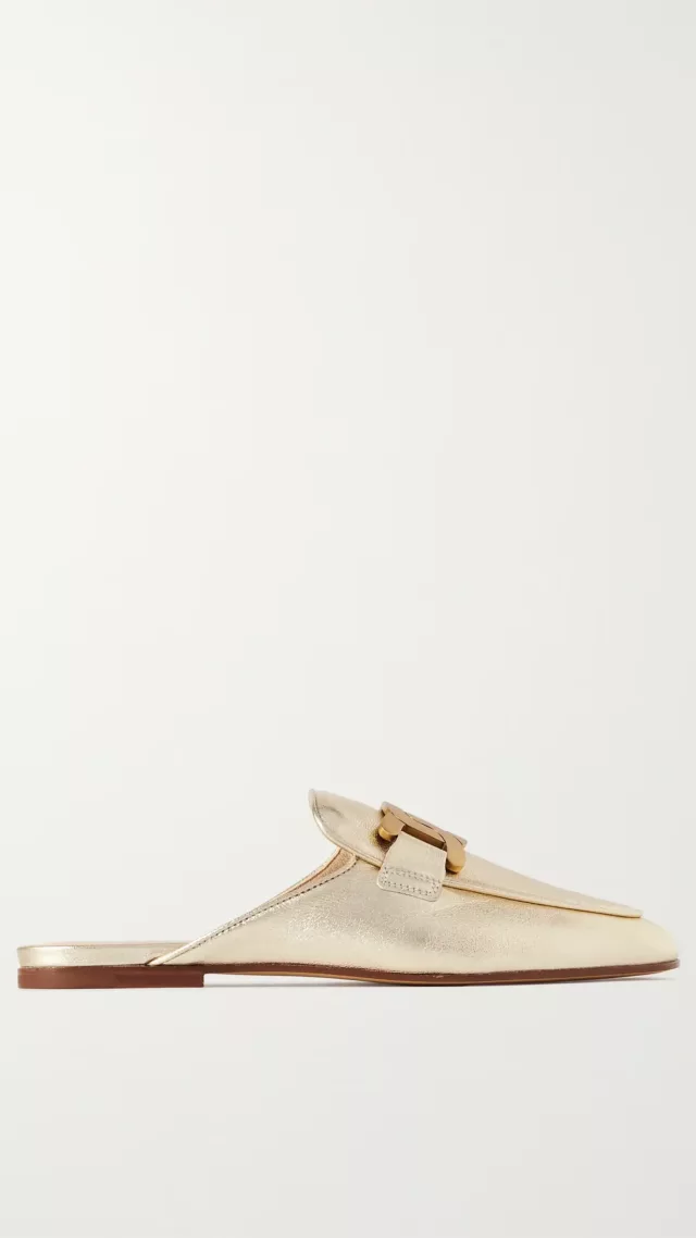 Embellished Metallic Leather Slippers Gold