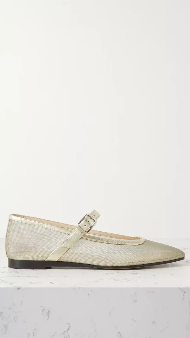 Metallic Leather-Trimmed Mesh Mary Jane Ballet Flats Gold