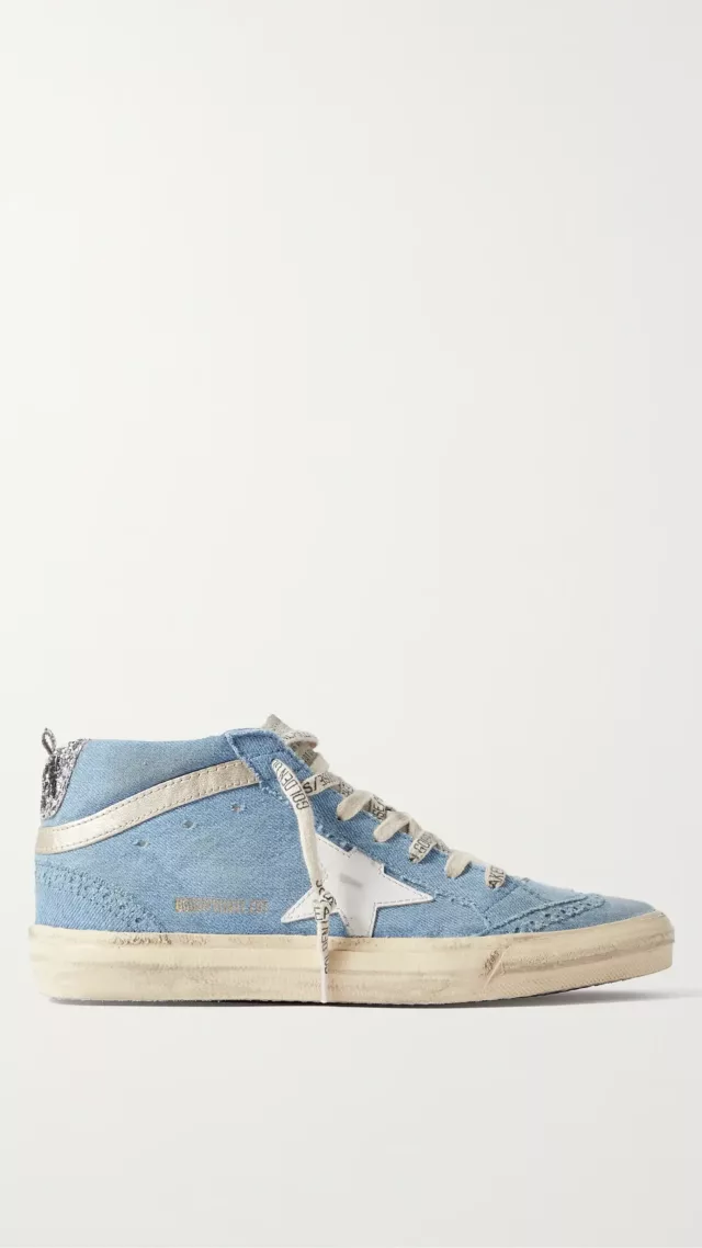 Mid Star Glittered Leather-Trimmed Distressed Denim High-Top Sneakers Blue