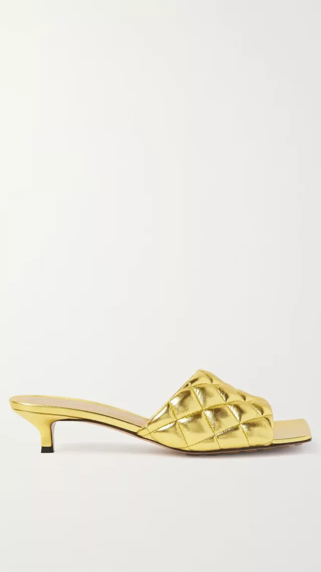 Quilted Metallic Leather Mules Gold