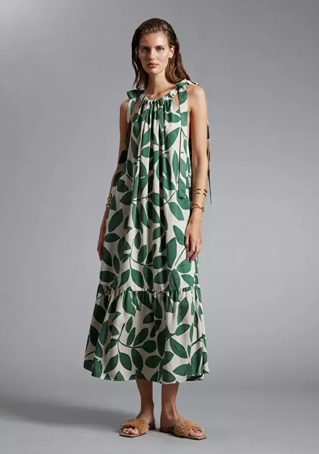 Halterneck Gathered Tier Dress Ivory/Green Botanical Print