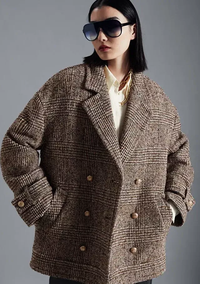 Short Oversized Peacoat Beige Tweed