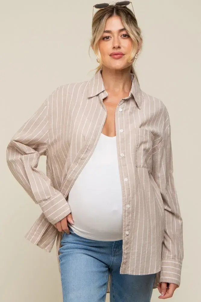 Beige Striped Button Up Long Sleeve Linen Maternity Top Taupe