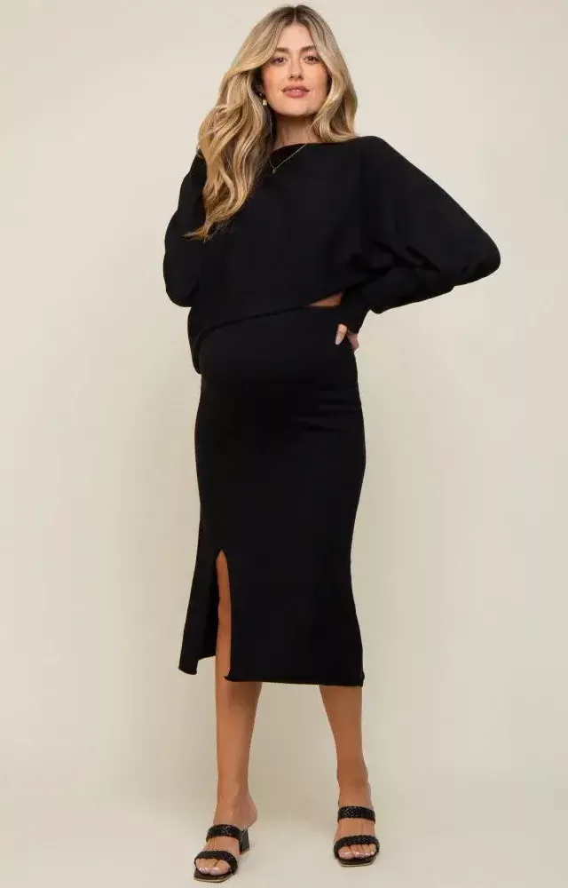 Black Knit Long Sleeve Crop Top Maternity Midi Skirt Set