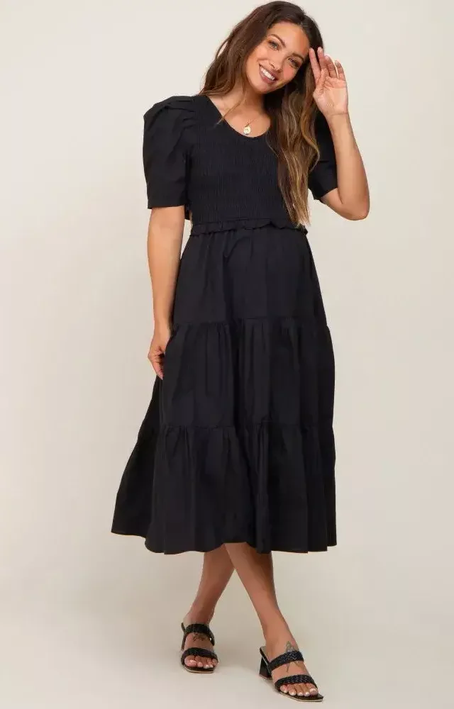 Black Smocked Tiered Ruffle Maternity Midi Dress
