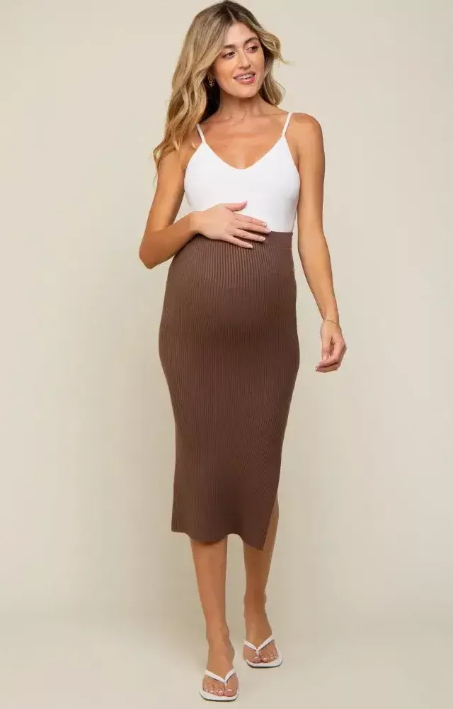 Brown Ribbed Fitted Side Slit Maternity Midi Skirt