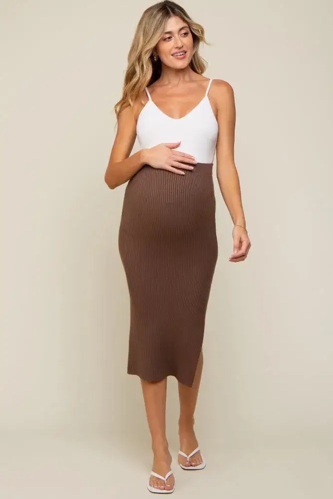 Brown Ribbed Fitted Side Slit Maternity Midi Skirt