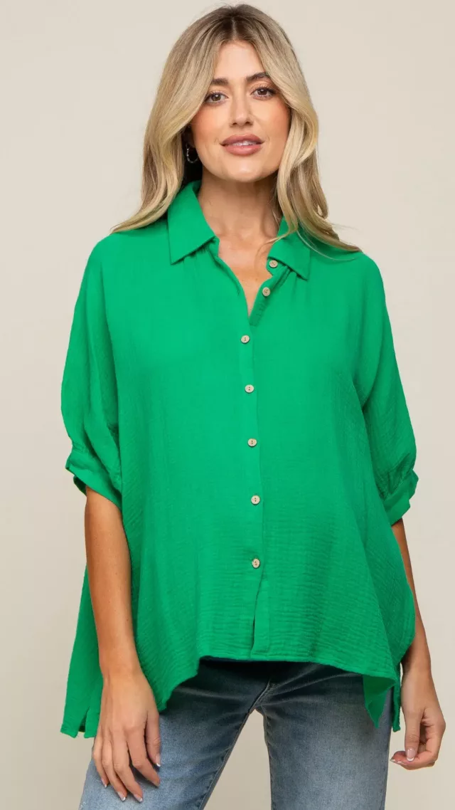 Green Button Down Collared Maternity Top
