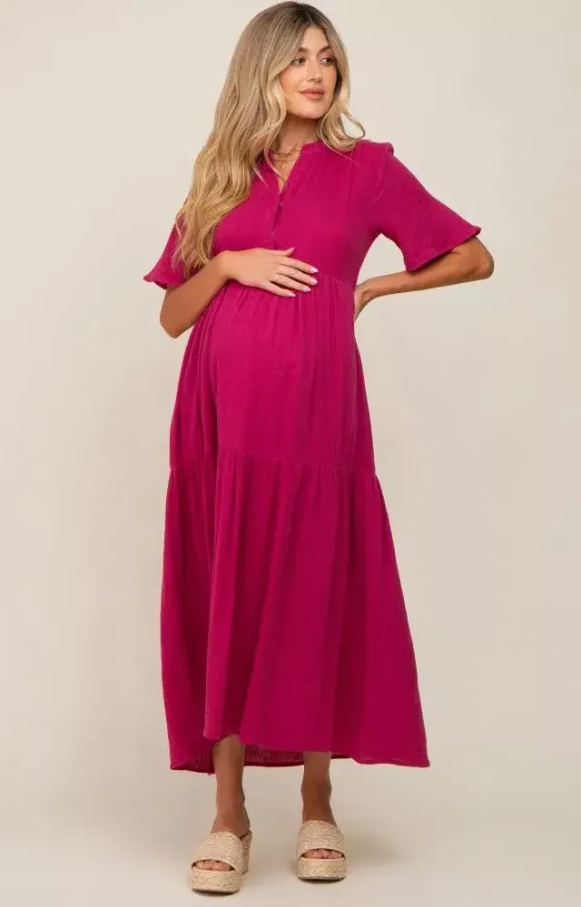 Magenta Gauze Split V-Neck Tiered Maternity Maxi Dress