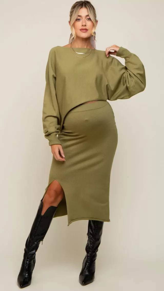 Olive Knit Long Sleeve Crop Top Maternity Midi Skirt Set Olive Green