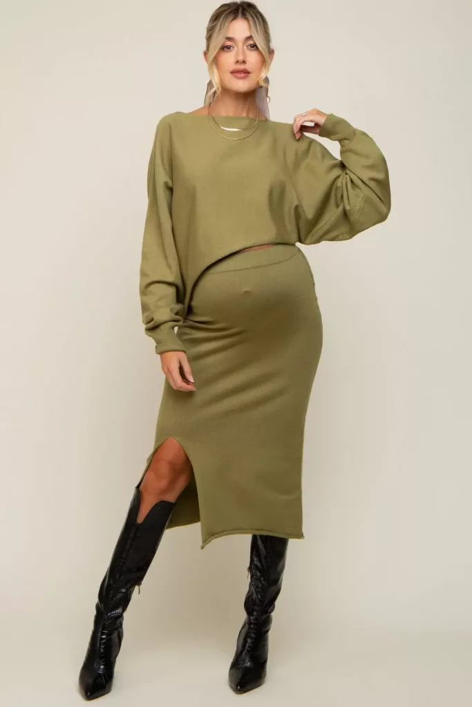 Olive Knit Long Sleeve Crop Top Maternity Midi Skirt Set Olive Green