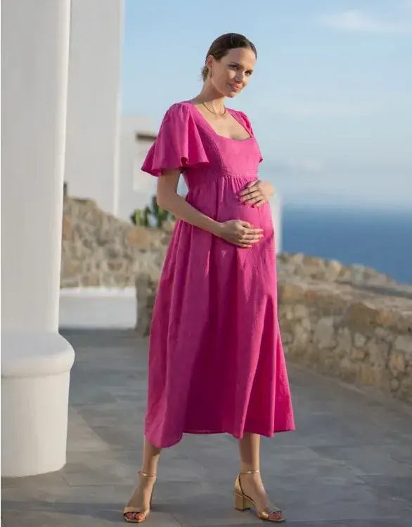 Fuchsia Pink Cotton Broderie Maternity & Nursing Dress Fuchsia Pink