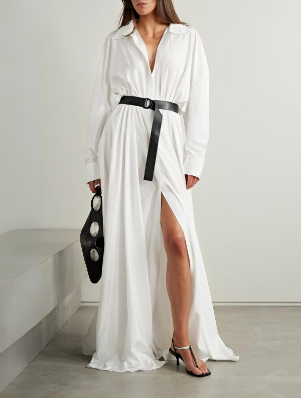 Belted Gathered Poplin Gown White