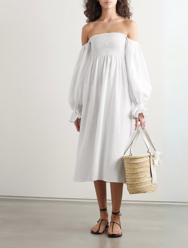 + Net Sustain Atlanta Off-The-Shoulder Shirred Linen Midi Dress White