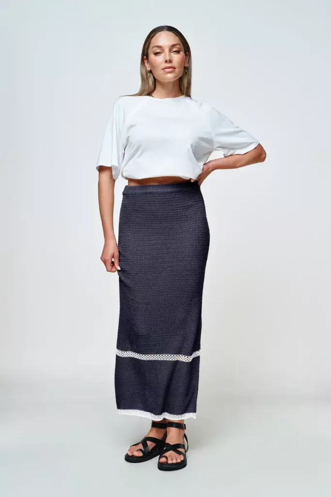 Jacqui Knit Midi Skirt - Navy / White