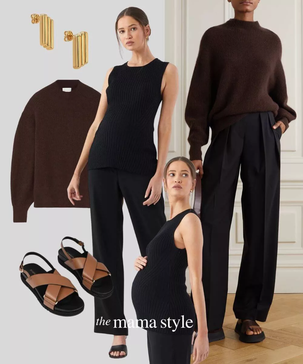 Cover Image for Chocolate maternity outfit | Oversized sweater | Straight leg office-style pants | Sandals