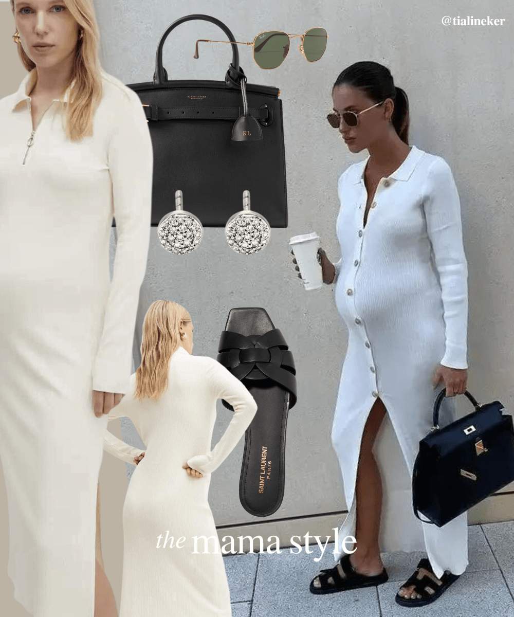 Cover Image for Ecru maternity midi dress | Black slides | Black tote bag | Gold-tone sunglasses