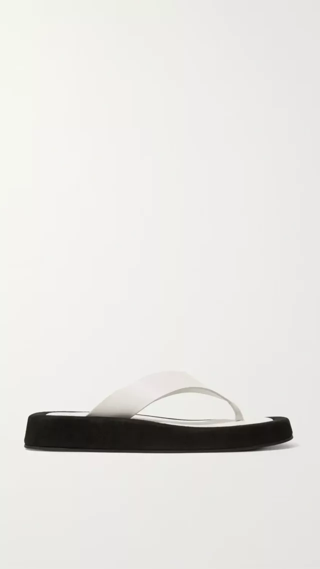 Ginza Two-Tone Leather And Suede Platform Flip Flops White