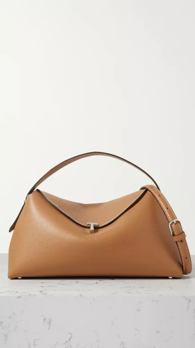 T-Lock Textured-Leather Shoulder Bag Tan