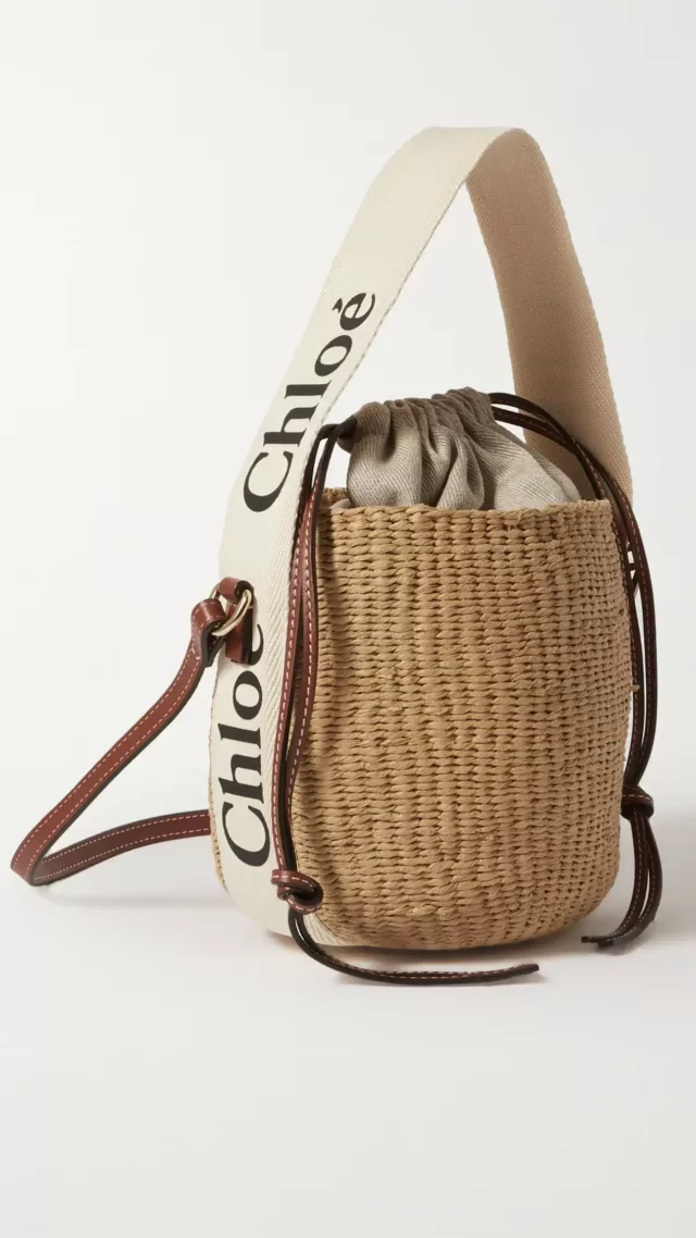 Woody Small Leather-Trimmed Raffia Basket Bag White