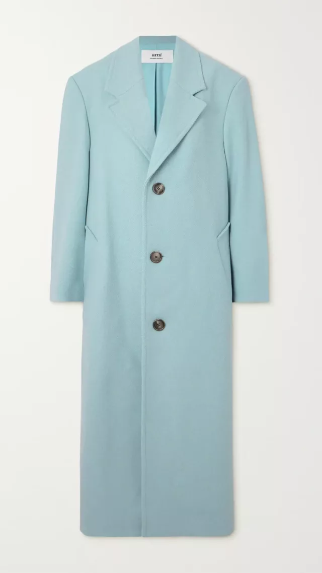 Wool-Blend Twill Coat Light Blue