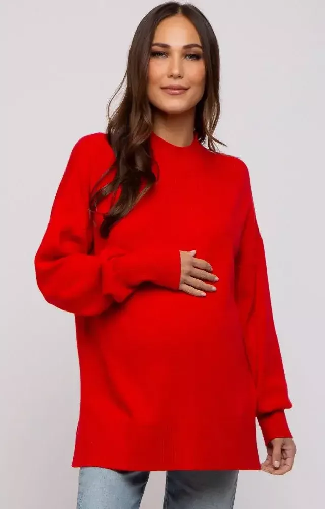 Red Knit Mock Neck Maternity Long Sleeve Top