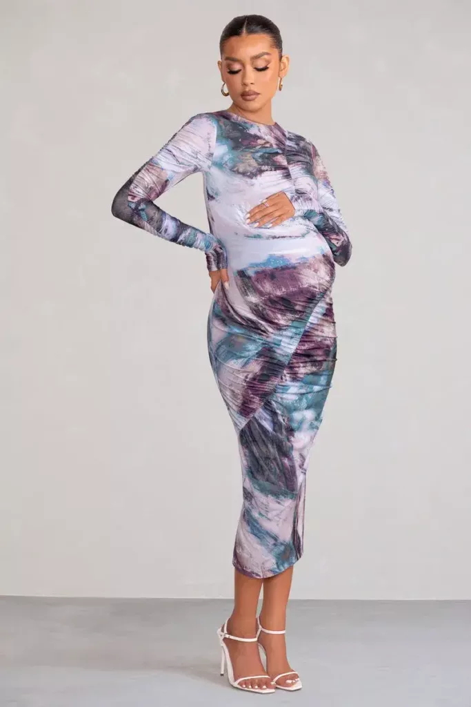 Cait Multi Print Bodycon Maternity Midi Dress