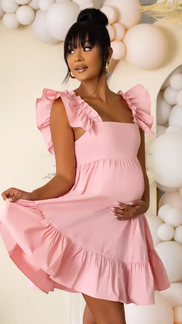 Dolly Daze Pink Maternity Ruffle Sleeve Babydoll Mini Dress