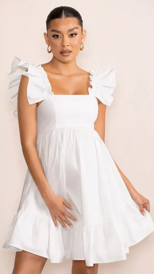 Dolly Daze White Maternity Ruffle Sleeve Babydoll Mini Dress