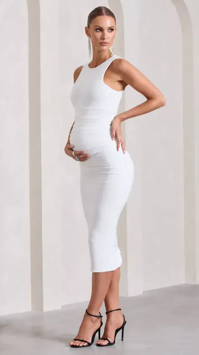 Paige White Sleeveless Split Maternity Midi Dress